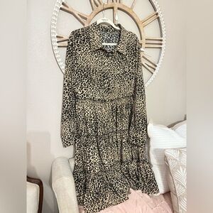 Leopard Print Tiered Shirt Dress - Beige/Black